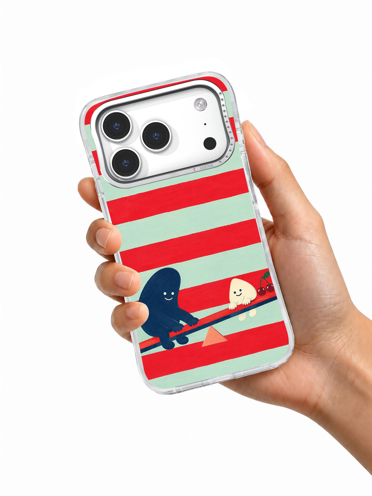 The Cherry Seesaw iPhone 17 Pro case held in hand