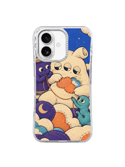 The Cloud Seam Workshop iPhone 17 Case front view with celestial dream-mending artwork