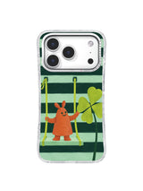 The Clover Lift Chartreuse Ribbon Rise artwork on an iPhone 17 Pro case
