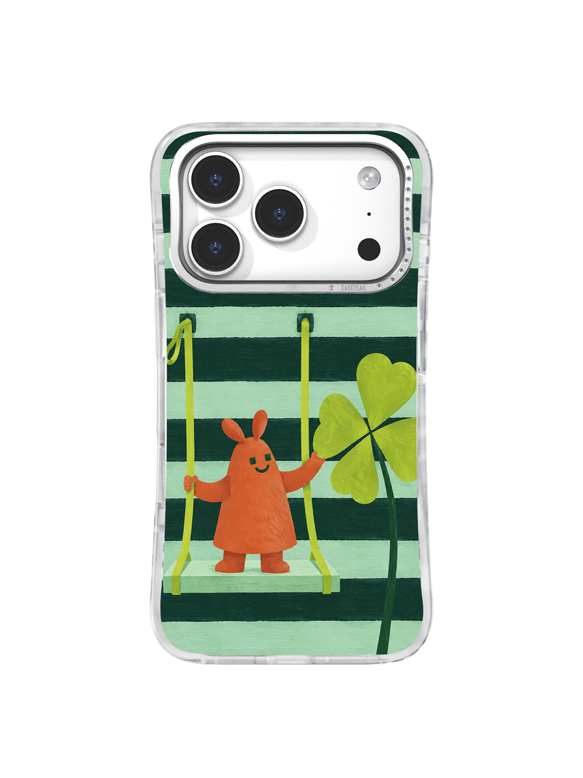 The Clover Lift Chartreuse Ribbon Rise artwork on an iPhone 17 Pro case