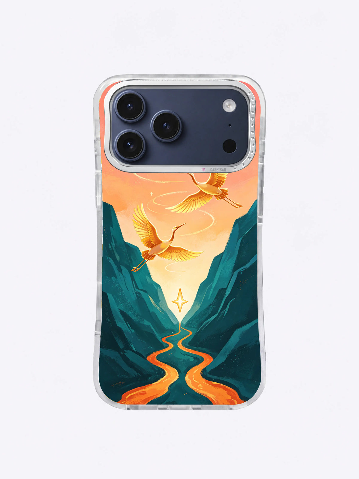 Coral Sky Rescue crane and comet art on iPhone 17 Pro Max case