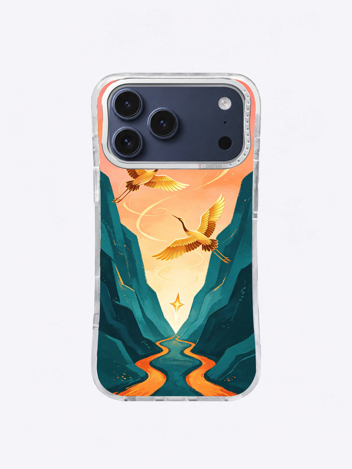 Dawn Flight crane and comet art on iPhone 17 Pro Max case