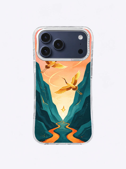 Dawn Flight crane and comet art on iPhone 17 Pro Max case