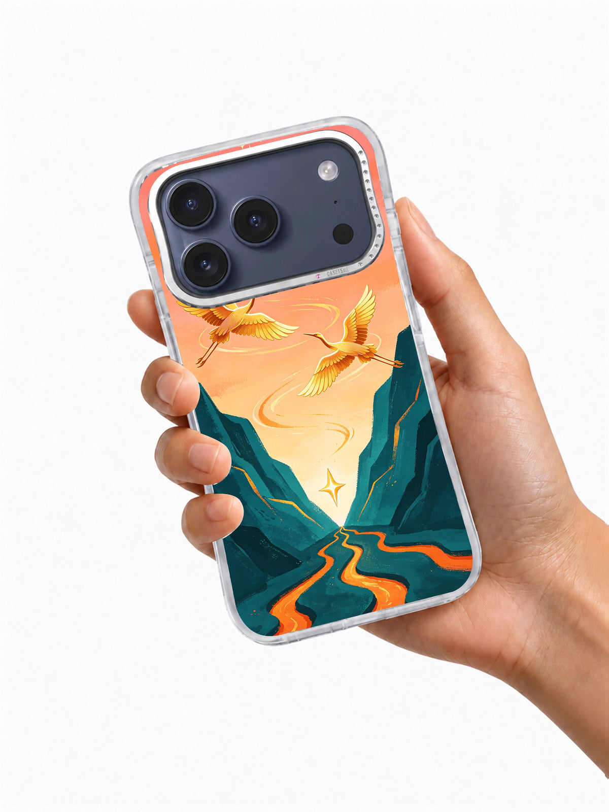 The Crane-Borne Comet iPhone 17 Pro Max case in hand
