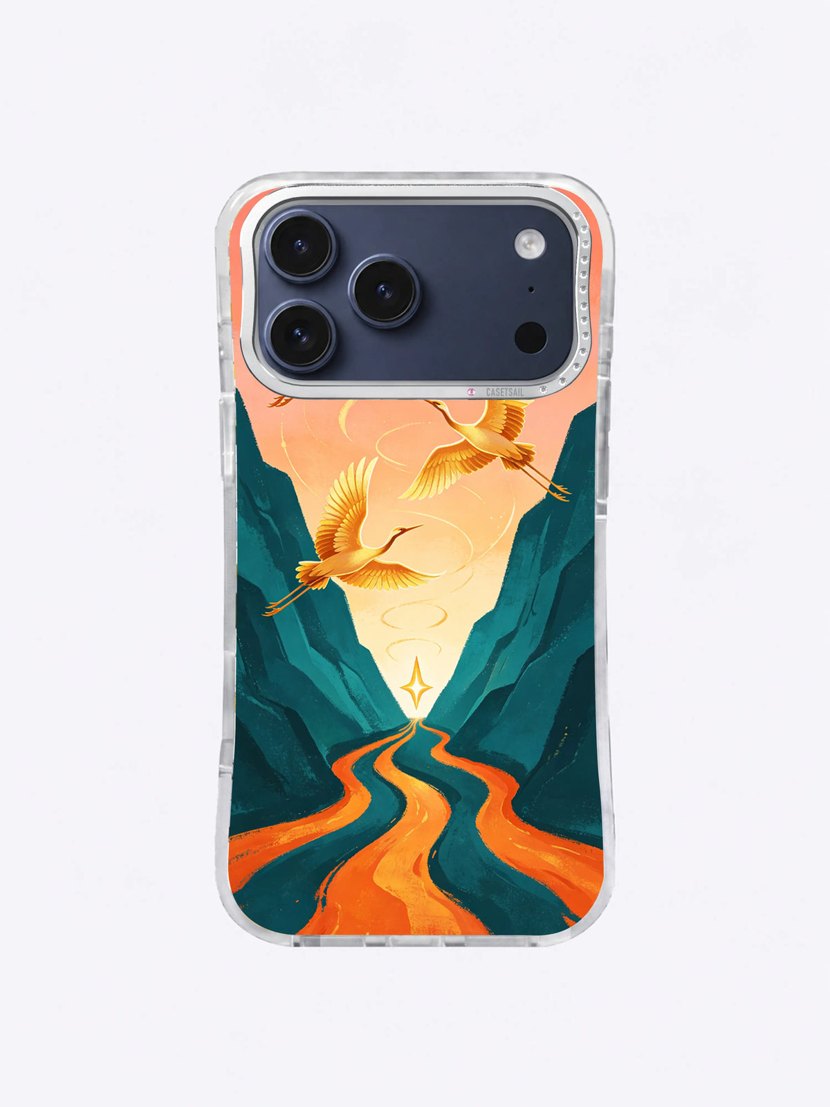 Three River Light crane and comet art on iPhone 17 Pro Max case