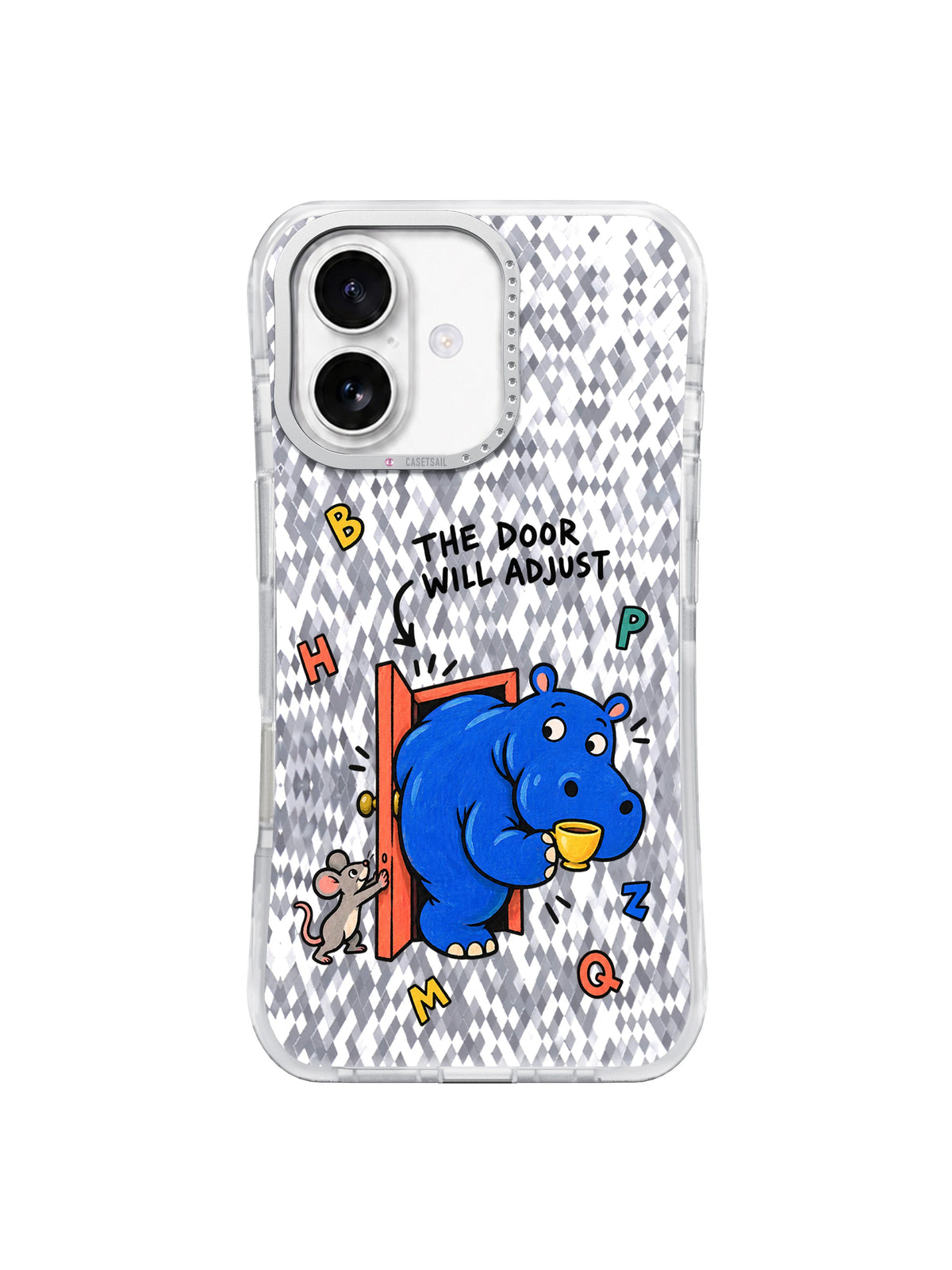 Front view of The Door Will Adjust hippo artwork on iPhone 16 case
