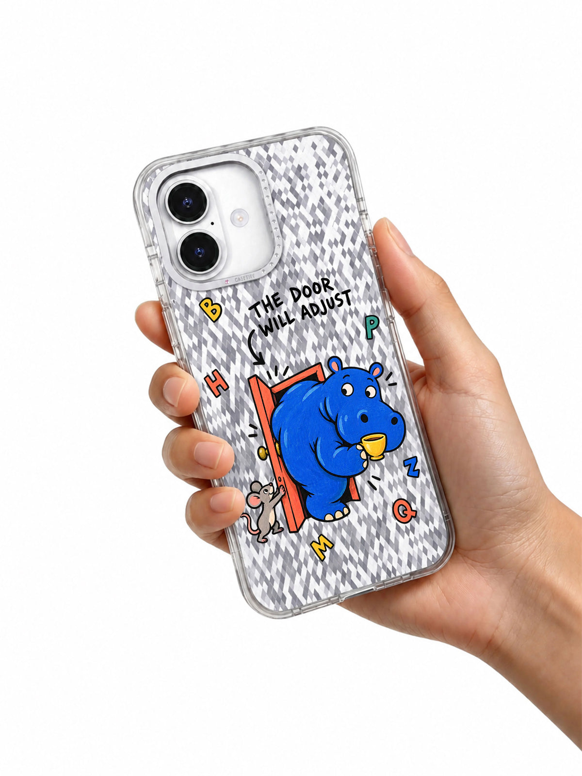 Hand holding The Door Will Adjust hippo iPhone 16 case