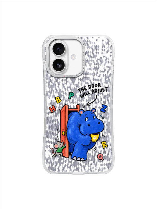Blue hippo with yellow teacup stepping through a coral door beside a mouse on grey gouache art