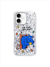 Cobalt hippo and tiny mouse at an adjustable coral doorway in hand-painted phone case art