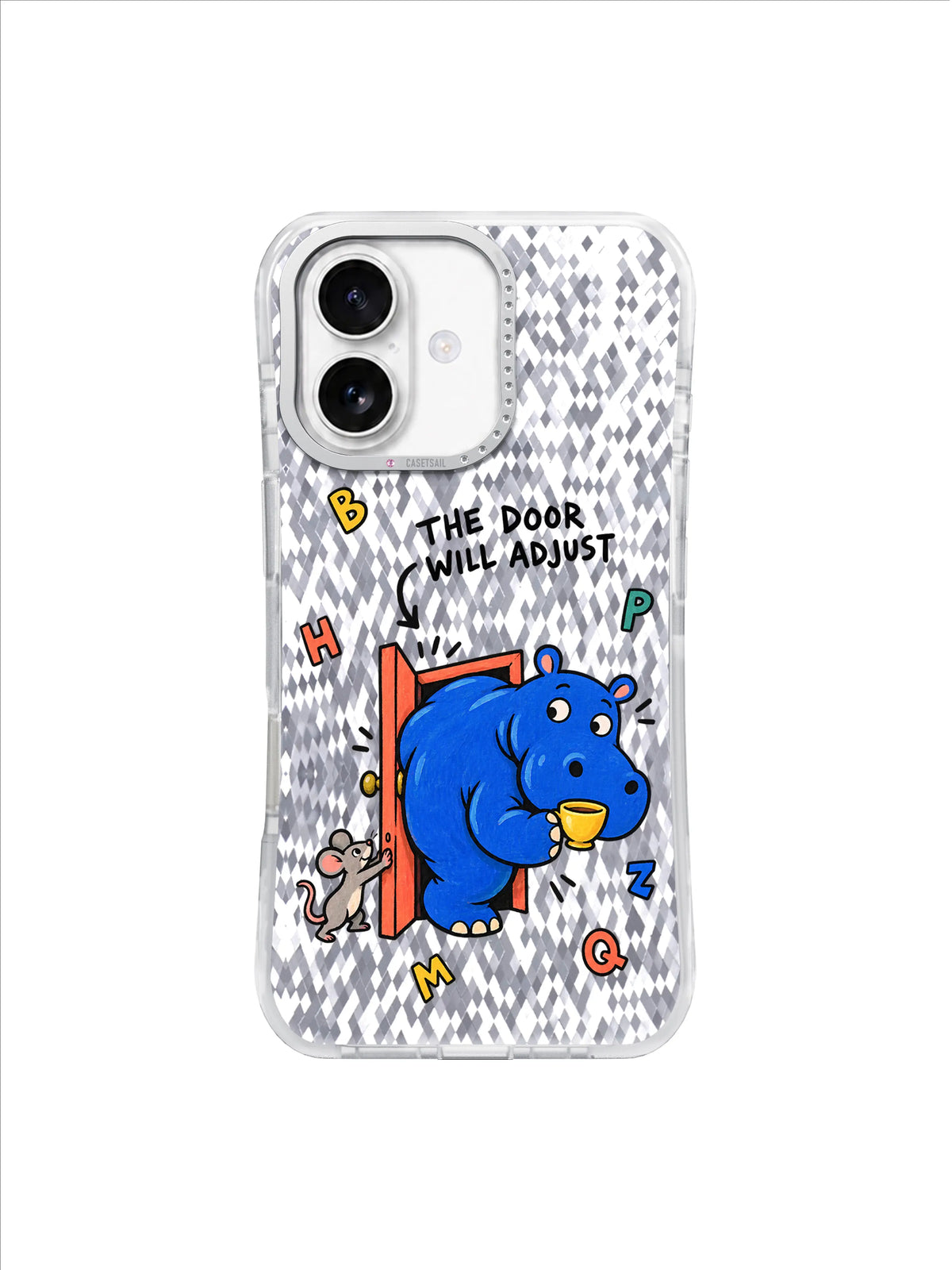 Cobalt hippo and tiny mouse at an adjustable coral doorway in hand-painted phone case art