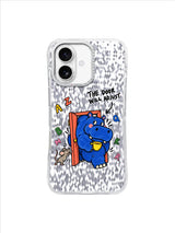 Blue hippo carrying a yellow cup through a small red door with mouse helper illustration