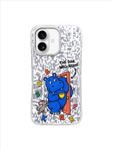 Cobalt hippo holding teacup with tiny mouse and scattered letters on grey artwork