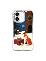 The Fox and the Last Parcel iPhone 17 case, red fox beside a burgundy gift in snow, pattern 1