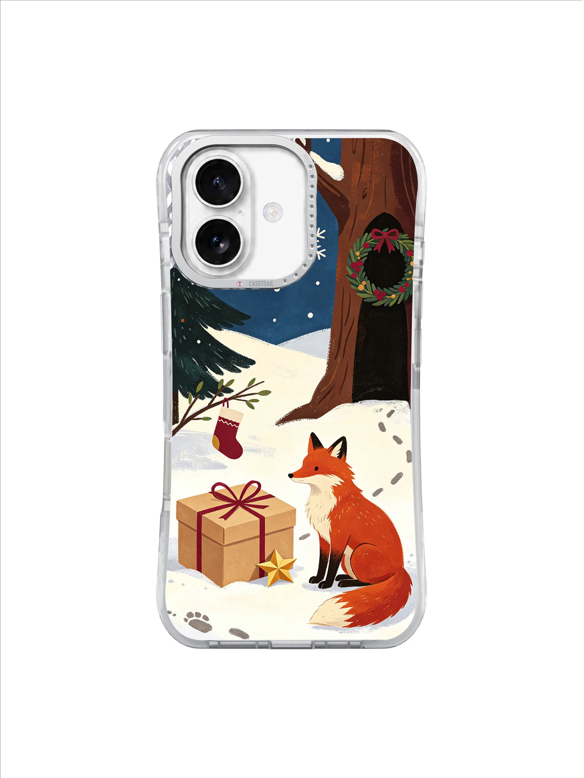 The Fox and the Last Parcel iPhone 17 case, fox and tan parcel beneath evergreens, pattern 2