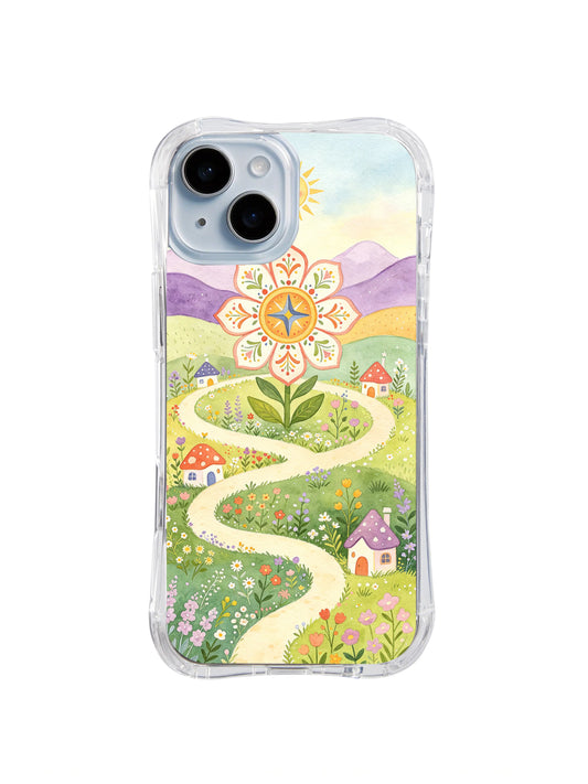 Star Compass Bloom: A star-compass flower stands above a winding path through green hills, cottages and small blooms.