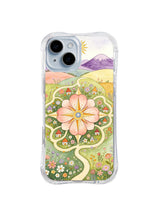 Foxglove Compass Village: A large peach compass flower centers a looping garden path among hills and tiny houses.