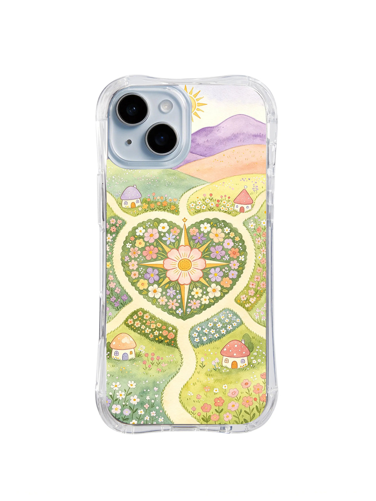 Heart Path Flower Garden: A heart-shaped flower garden encloses a central bloom above a branching path and cottages.