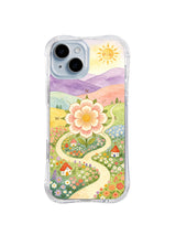 Four Winds Blossom: A peach flower marked with four directions rises above a winding path, village and sunny hills.