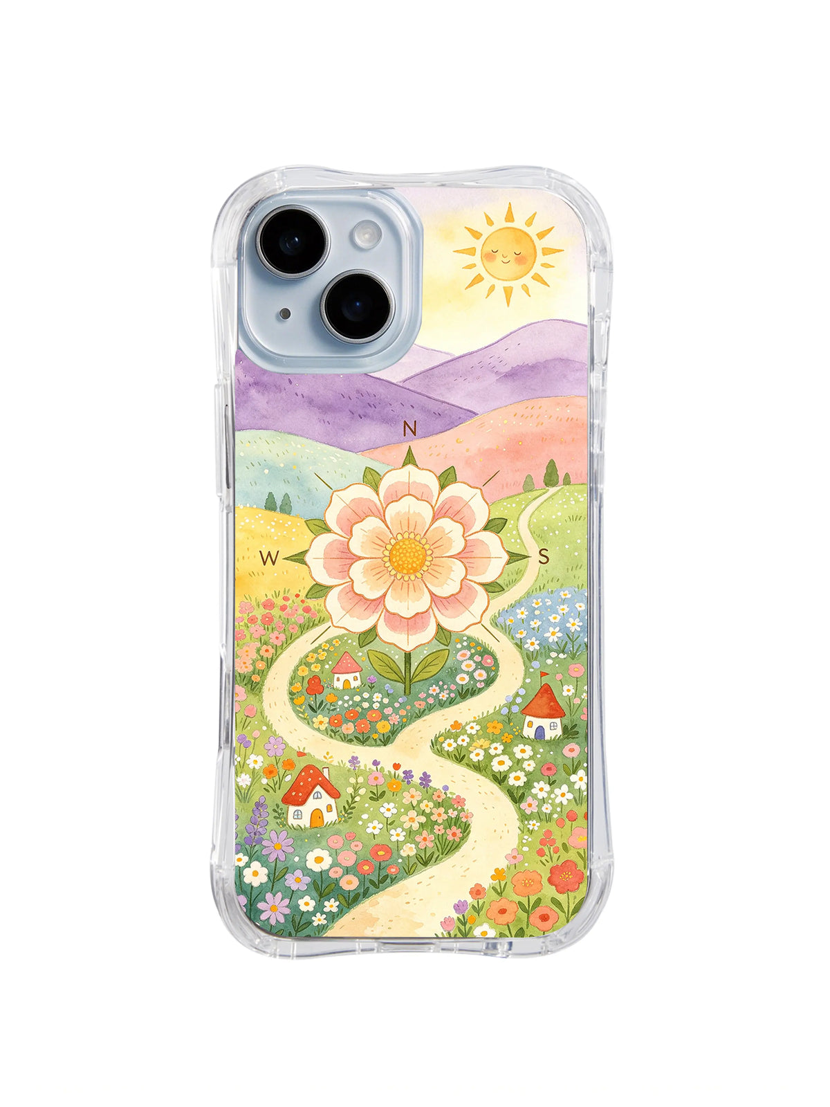 Four Winds Blossom: A peach flower marked with four directions rises above a winding path, village and sunny hills.