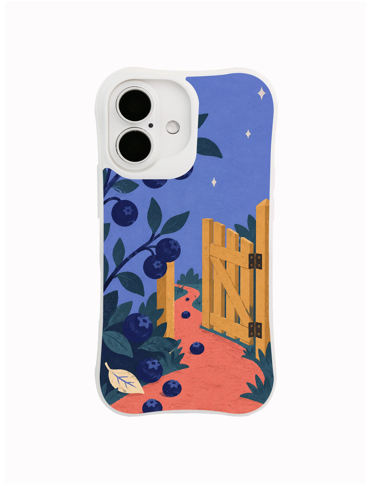 White iPhone 16 case with a blueberry branch, open ochre gate and coral garden path on dusty periwinkle