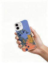 The Gate Left Ajar blueberry garden iPhone 16 case shown naturally in hand