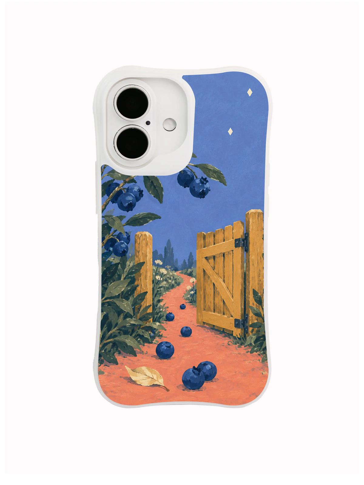 Midnight blueberries scattered before a warmly painted garden gate on a dusty blue phone case