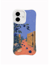 Blueberry-lined coral path leading through an ochre garden gate on a periwinkle phone case