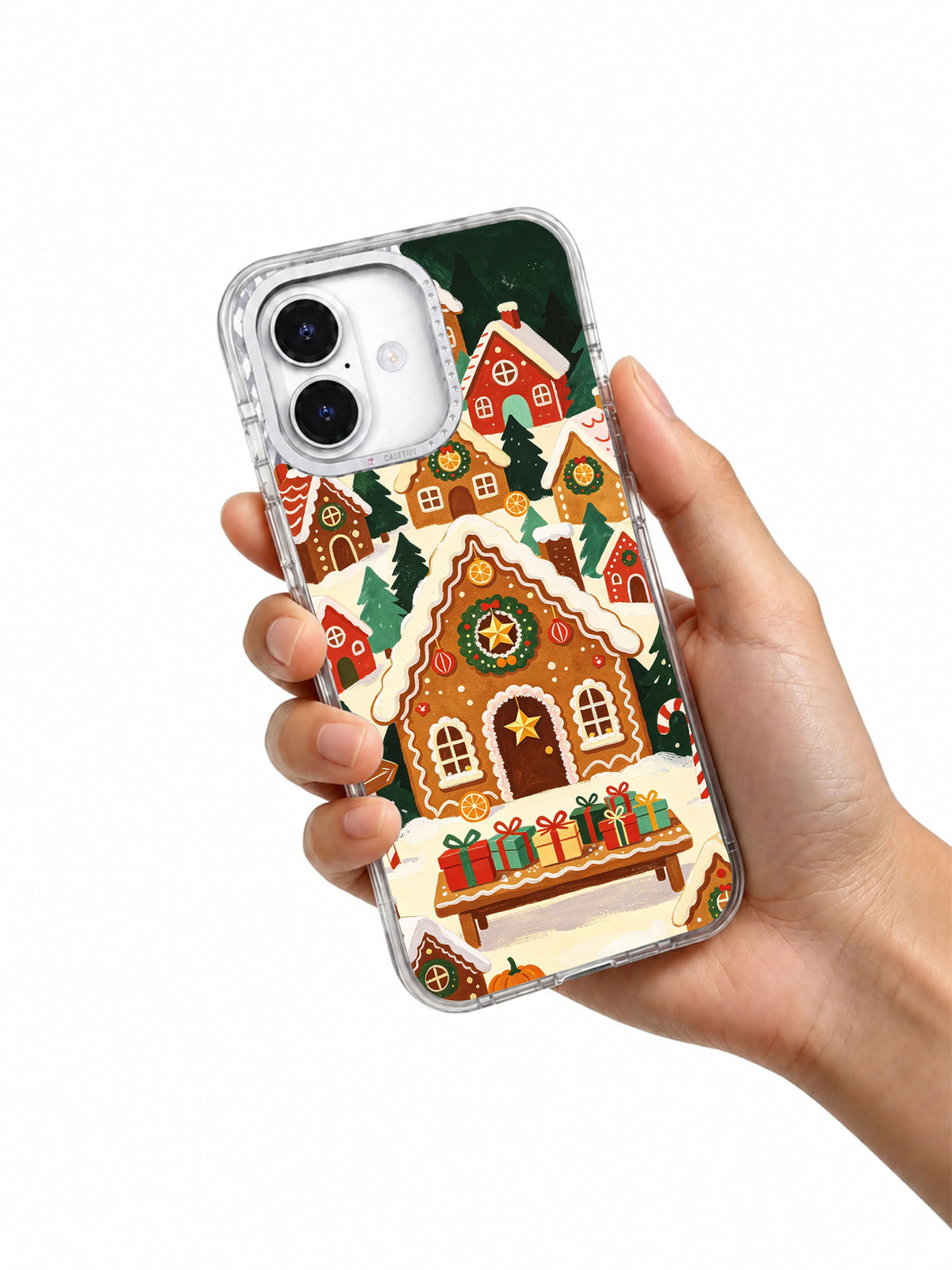 The Gingerbread Village Map iPhone 17 case held in hand