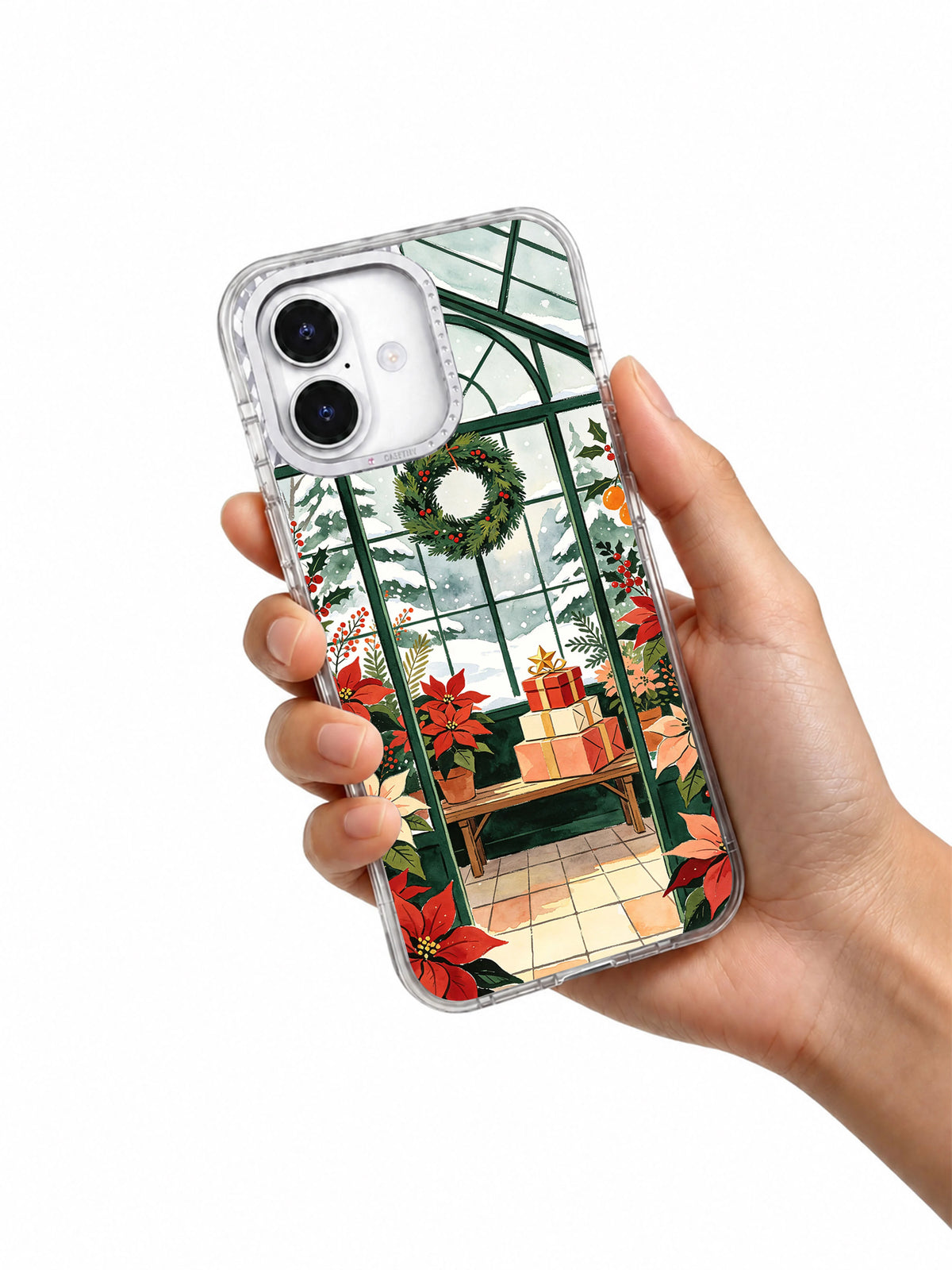 The Greenhouse of Red Blooms iPhone 17 case held in hand