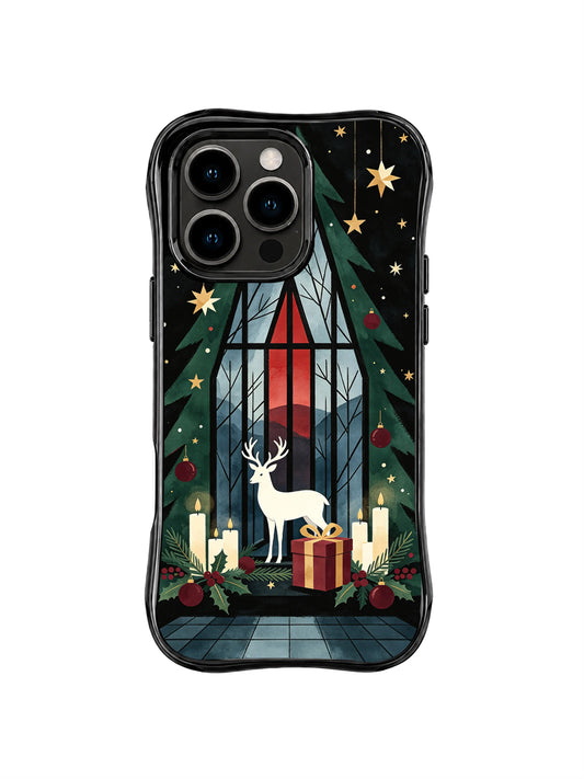 Black iPhone 15 Pro case with a white deer, pointed evergreen window, ivory candles, burgundy gift and gold paper stars