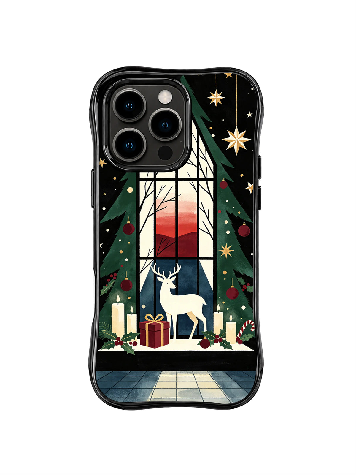 Black iPhone 15 Pro case showing a white deer by a wrapped gift inside a tall window with a crimson winter sky