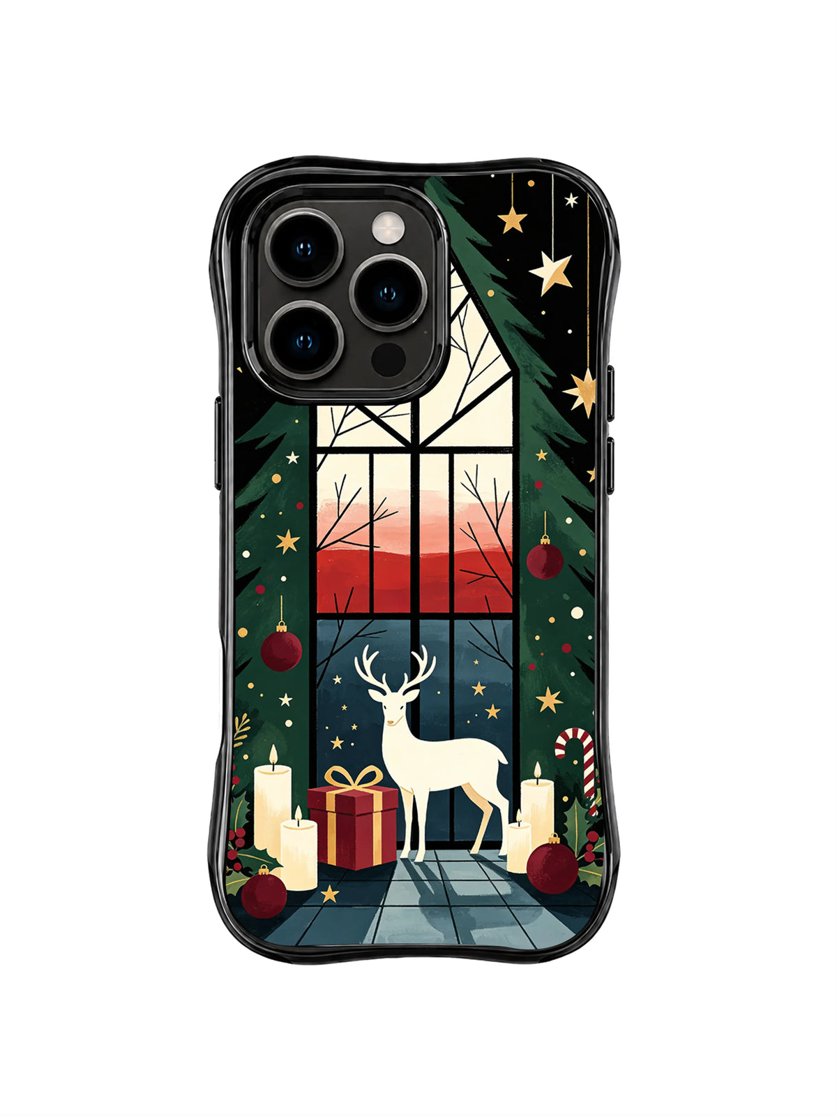 Black iPhone 15 Pro case with a white deer guarding gifts beside a geometric holly window at red winter dawn