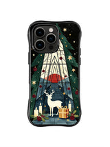 Black iPhone 15 Pro case with a white deer beneath geometric fir branches, a red horizon, gifts and scattered gold stars