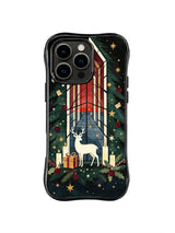 Black iPhone 15 Pro case with a white deer, tiled corridor, candles, evergreen boughs, ornaments and paper stars