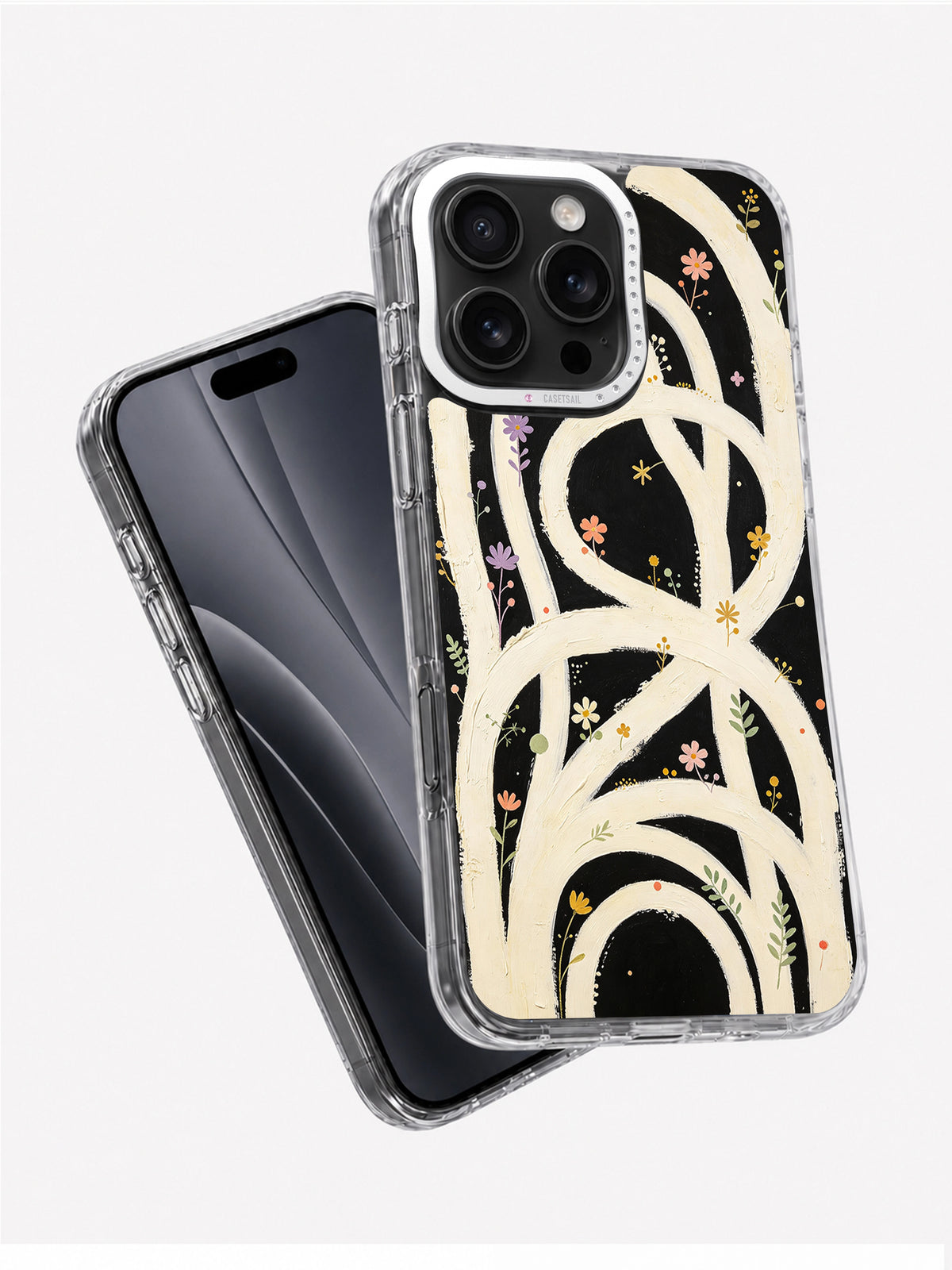 Abstract looping floral iPhone 16 Pro Max case displayed with black phone