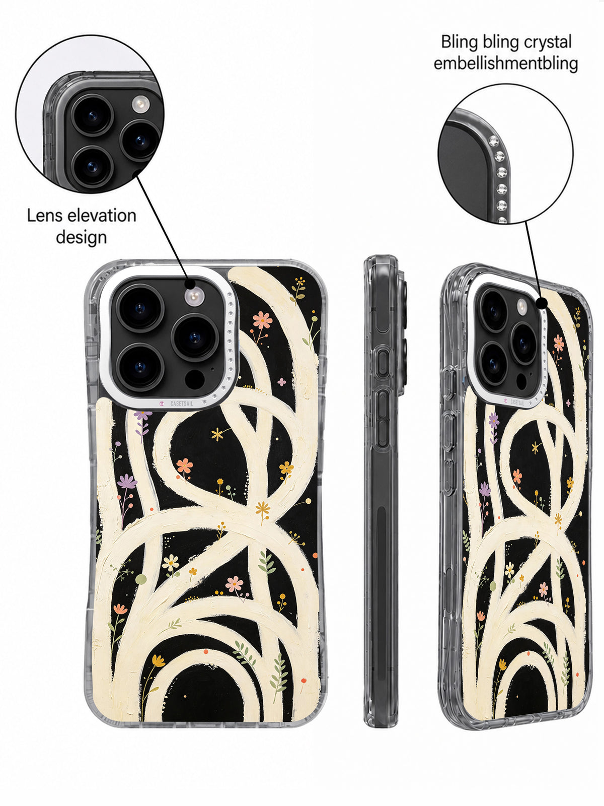 Close-up of crystal-accented raised camera frame on infinite garden case