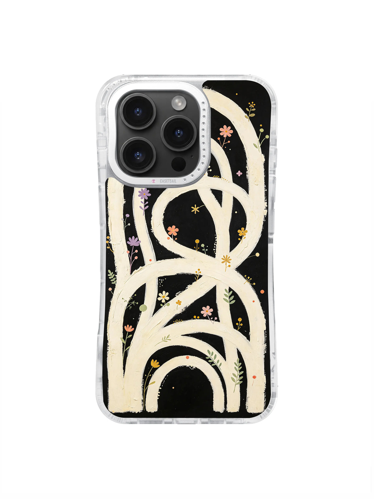 Tall cream garden loops filled with colorful wildflowers on black case