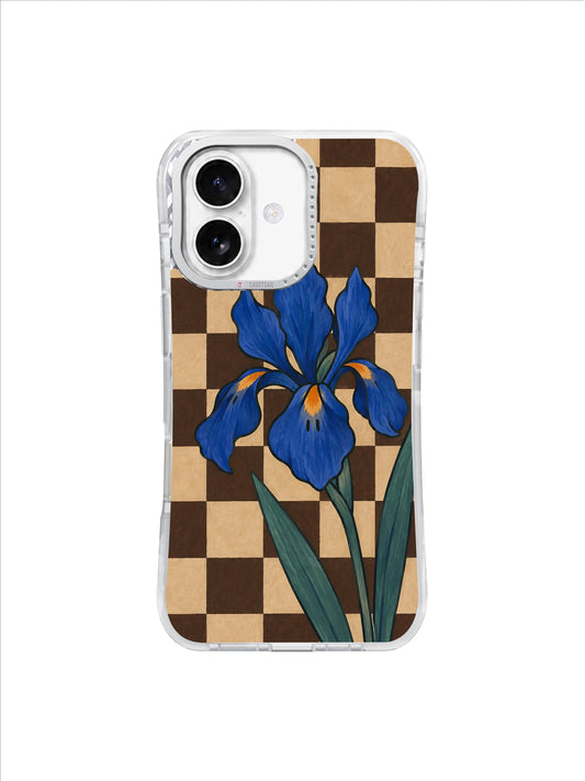 Iris Compass blue iris on cocoa and oat checkerboard iPhone 17 case