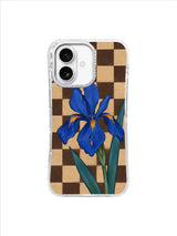 Open Sky Iris blue flower on cocoa and oat checkerboard iPhone 17 case