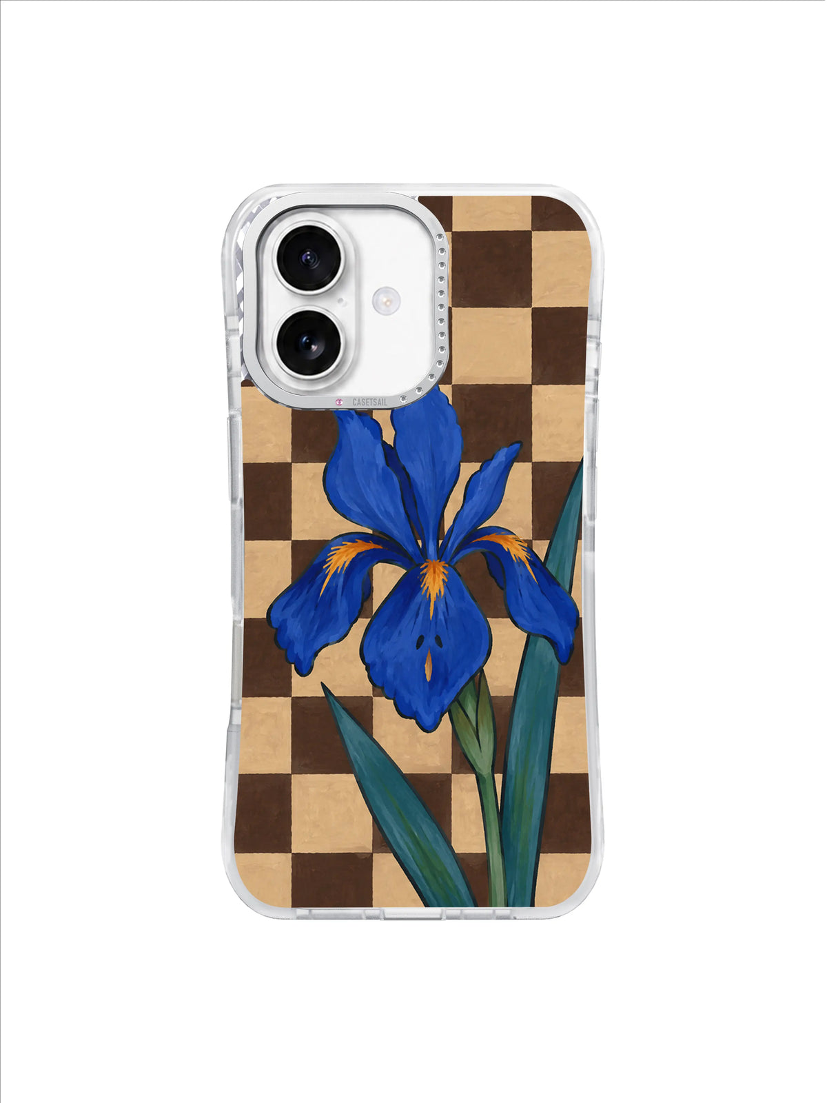 Open Sky Iris blue flower on cocoa and oat checkerboard iPhone 17 case