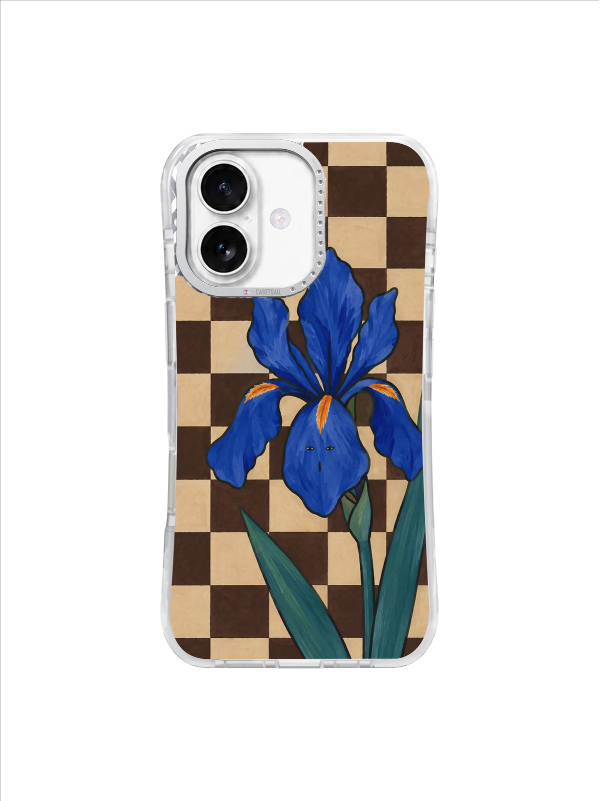 Steady Petals blue iris on cocoa and oat checkerboard iPhone 17 case