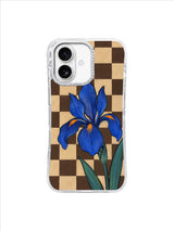 True North Iris blue bloom on cocoa and oat checkerboard iPhone 17 case