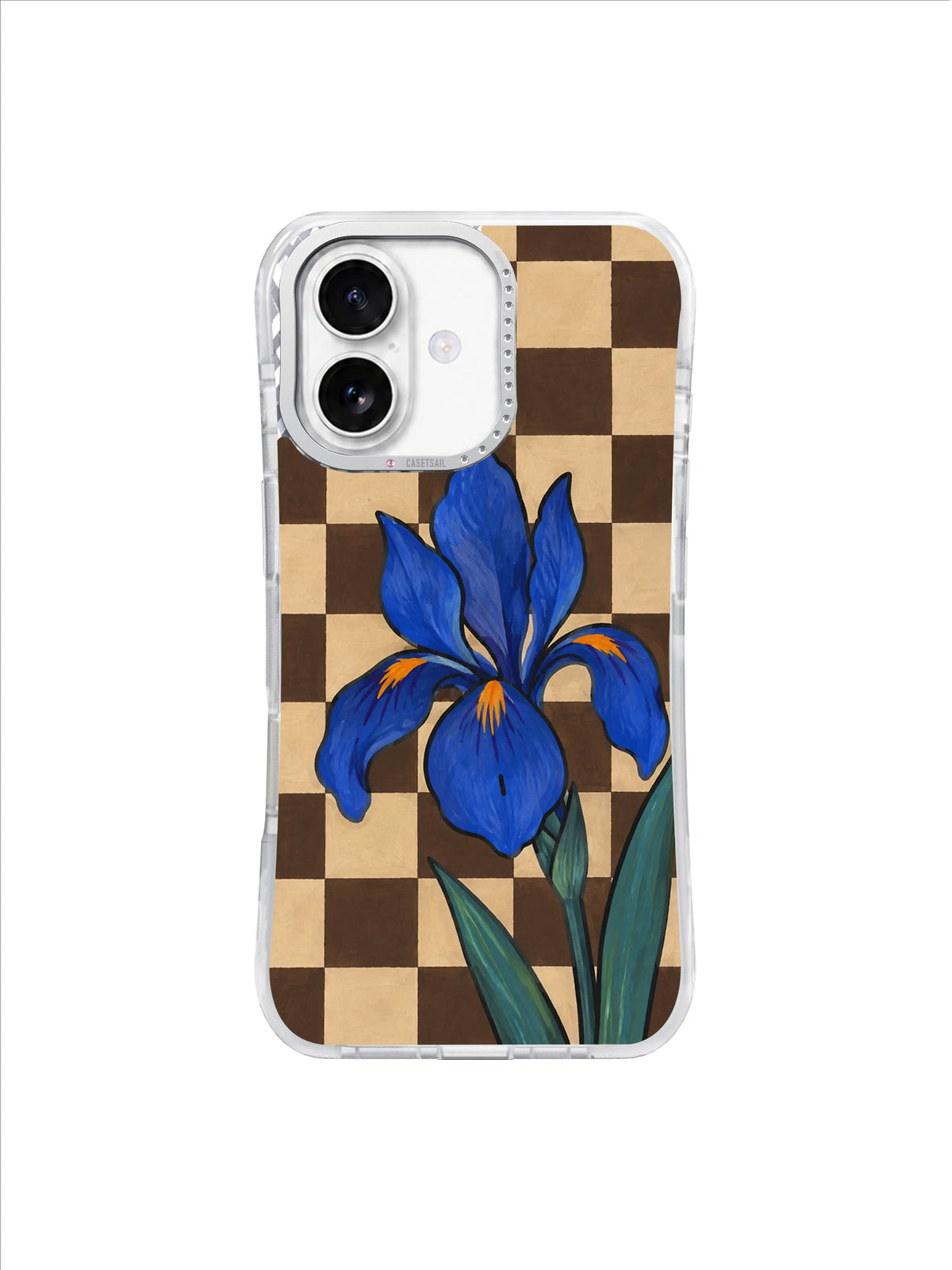 True North Iris blue bloom on cocoa and oat checkerboard iPhone 17 case
