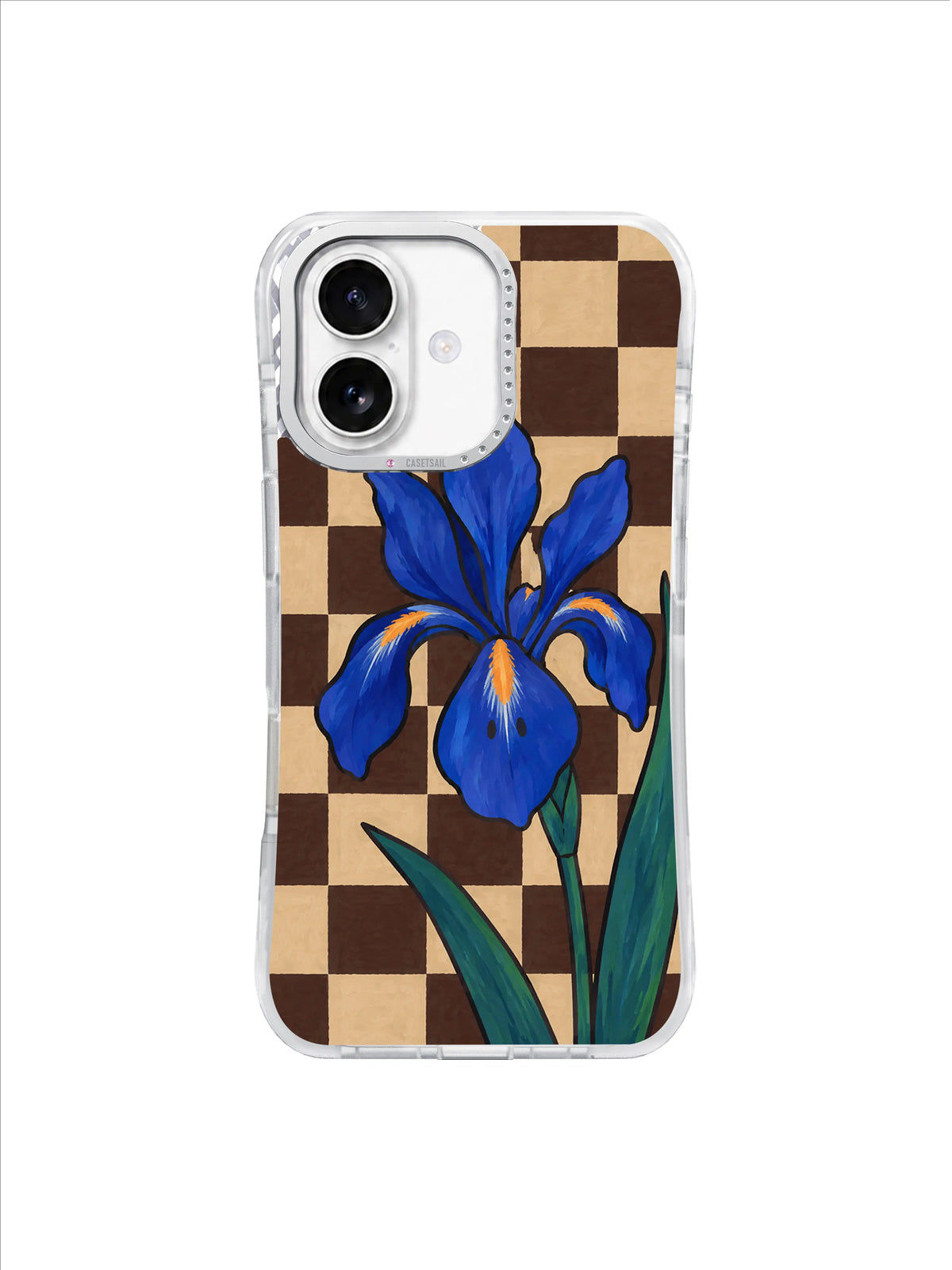 Upright Bloom blue iris on cocoa and oat checkerboard iPhone 17 case