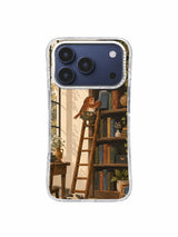 Rust bird on a ladder at an arched storybook shelf phone case artwork