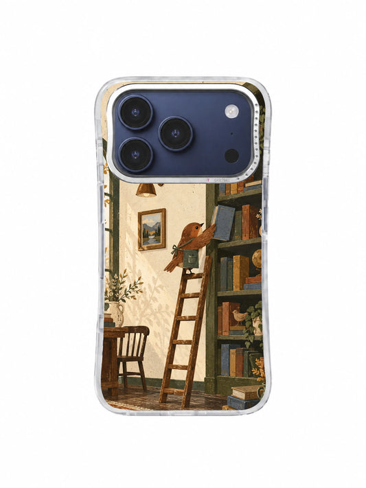 Rust-brown bird climbing a wooden ladder beside a tall bookcase phone case artwork