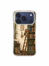 Small bird returning a dusty-blue book to an arched shelf phone case artwork