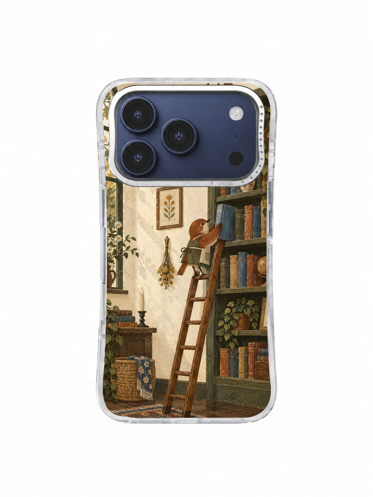 Small bird returning a dusty-blue book to an arched shelf phone case artwork
