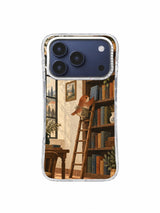 Quiet evening library with bird, ladder and books phone case artwork
