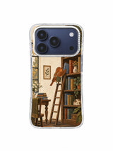 Bird librarian above books and a dark wooden chair phone case artwork